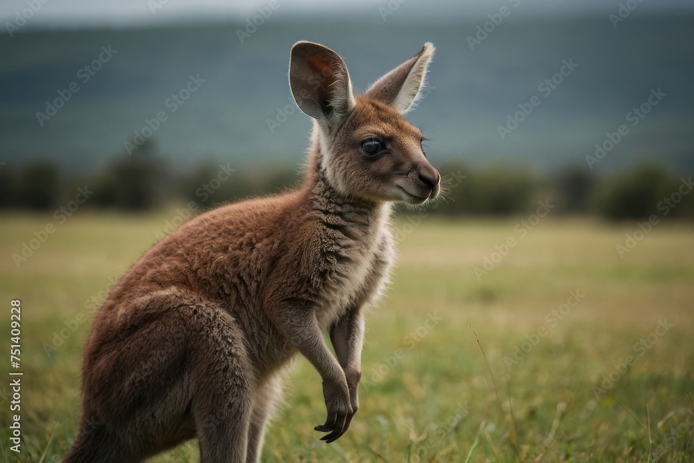 Fototapeta premium Shot of a baby kangaroo standing on a grassy field with a blurred background