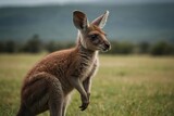 Shot of a baby kangaroo standing on a grassy field with a blurred background