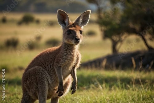Shot of a baby kangaroo standing on a grassy field with a blurred background photo