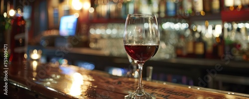Red wine glass on wooden bar top with blurred background. Elegant drink and hospitality concept for design and print