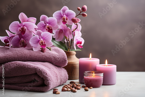 Beautiful spa composition. Couple Towels With Candles And Orchid For Natural Massage