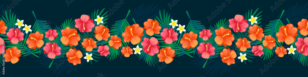 Fototapeta premium Tropical flowers and leaves seamless pattern. Watercolor floral garland, jungle exotic summer horizontal border design