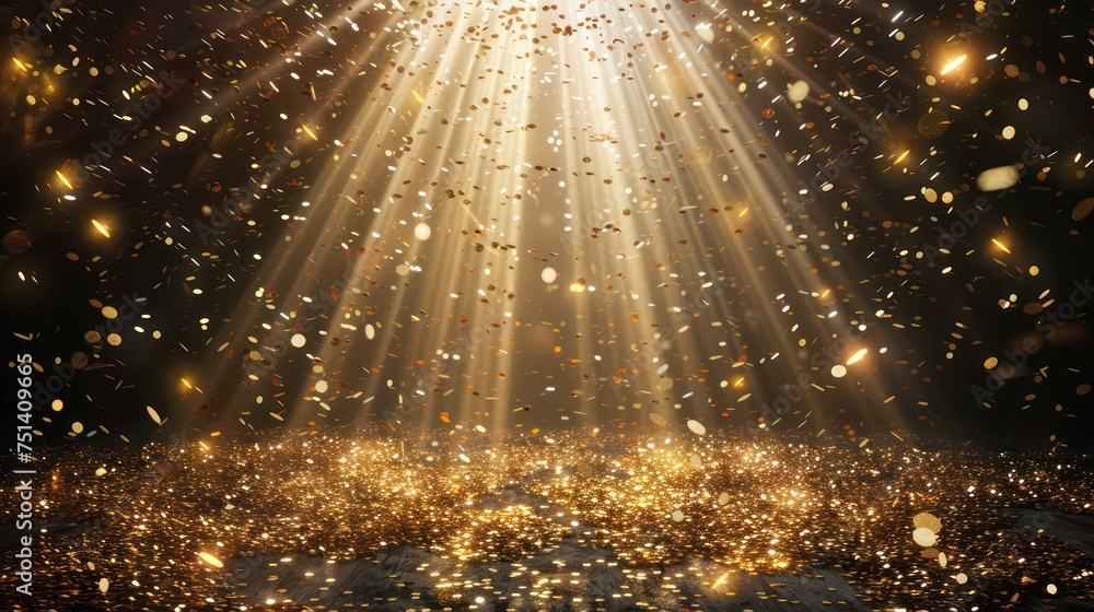 Golden confetti explosion with bright stage lights. Festive and celebration concept background for design and print