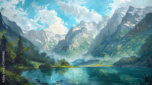 Nature oil painting with river and mountains on Canva