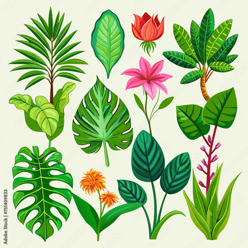 Exotic plants, including vibrant palm leaves and intricate monstera, adorn an isolated white background in this captivating watercolor vector illustration. Exotic plants, including vibrant palm leaves and intricate monstera, adorn an isolated white background in this captivating watercolor vector illustration.