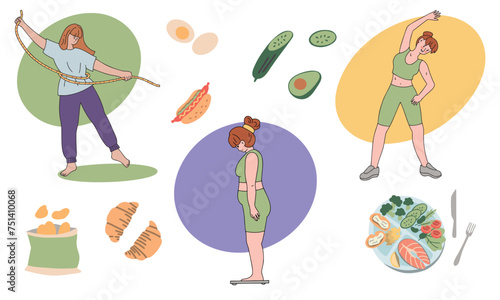 Concept of weight loss. Healthy and unhealthy eating. Overweight woman and woman with good figure. Fitness elements. Flat vector illustration.