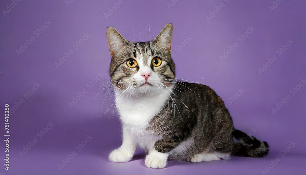 A Gray and White Striped Cat: Studio Shot on Background