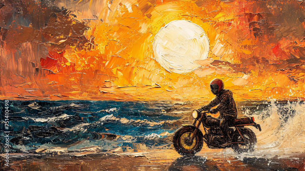 Naklejka premium Van Gogh-style illustration of a biker teenager chasing waves 