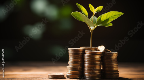 Green seedling growing from pile of coins on blurred background, business and financial concept. Small tree on stack coins.
