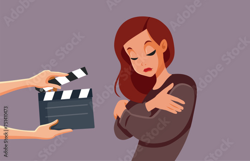 Emotional Actress Filming a Drama Tv movie Vector Illustration. Professional skilled actor performing a sad scene in a motion picture 
