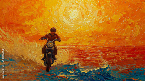 Van Gogh-style illustration of a biker teenager chasing waves
