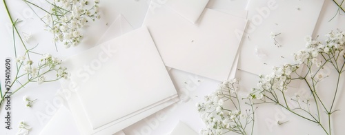 Spring Inspiration Unveiled  A Top-Down View of Clean White Postcards with Delicate Flowers