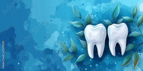 Tooth model, dental clinic creative blue background, dentist office website graphic. Teeth hygiene, dental equipment and dentistry banner. photo