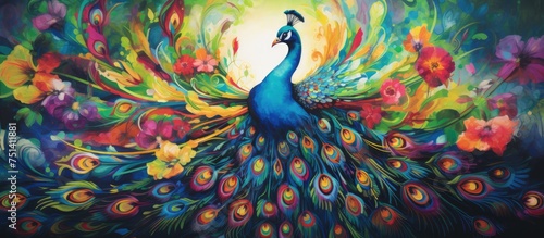 A painting of a peacock showcasing its colorful feathers in vibrant shades of green, blue, and red, capturing the beauty and exoticism of this majestic bird in all its splendor.