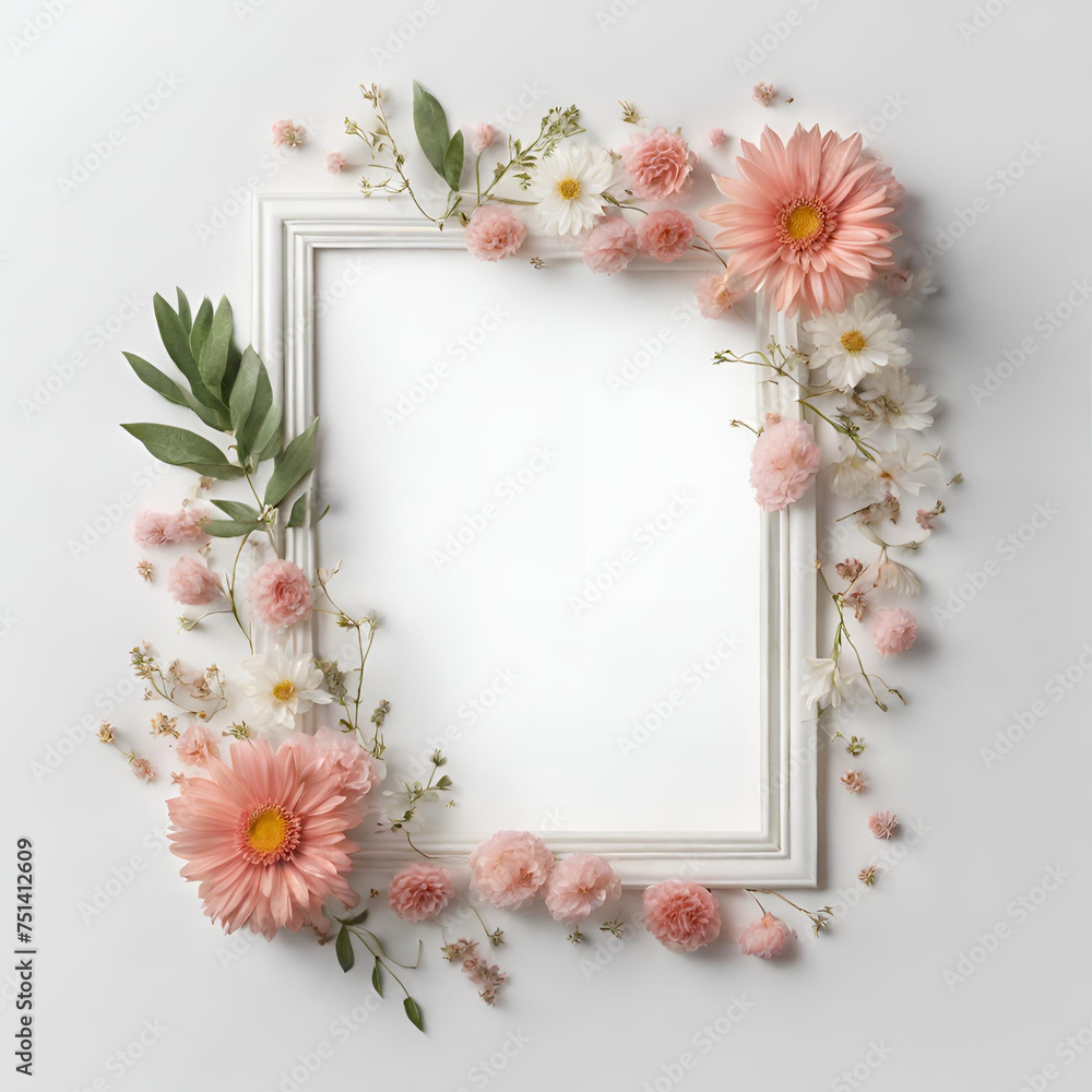 Close-up of rectangular frame with flowers on white background Close-up of rectangular frame with flowers on white background