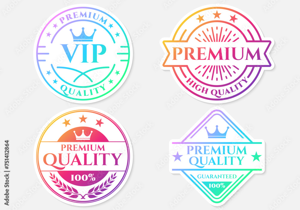 Premium quality sticker, logo or badge with gradient colors. Best quality icon or label with crown and stars. Vector illustration. Premium quality sticker, logo or badge with gradient colors. Best quality icon or label with crown and stars. Vector illustration.