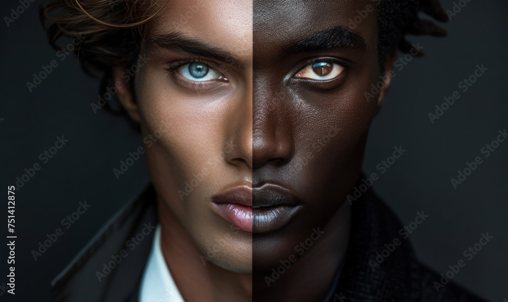 Black and white. Half faces of African and Caucasian man. Black and white. Half faces of African and Caucasian man.