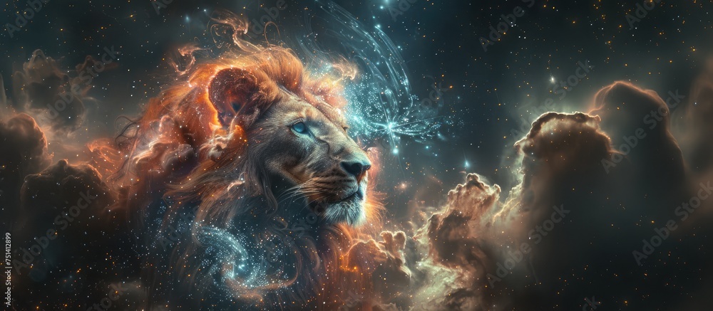 Fototapeta premium African lion, mane infused with stardust, gazes nobly against a backdrop of celestial bodies, nebulae, and a distant planet, embodying cosmic majesty.