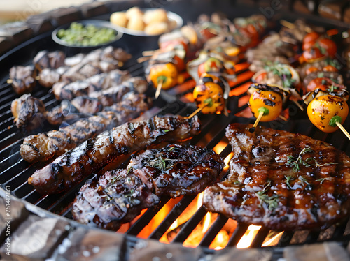 Grilled meat with vegetables on barbecue grill with smoke and flames in green grass