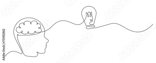 One continuous line drawing head brain thinking ideas with light bulb illustration vector