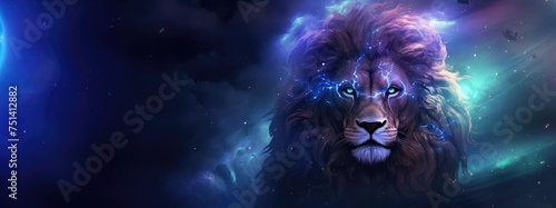 African lion, mane infused with stardust, gazes nobly against a backdrop of celestial bodies, nebulae, and a distant planet, embodying cosmic majesty. © Shaman4ik