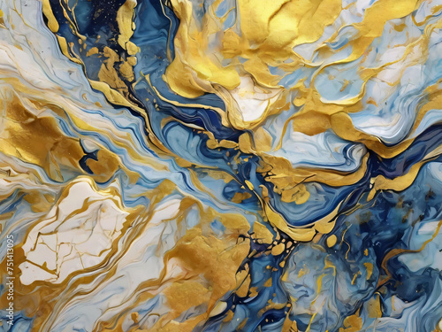 High resolution. Luxury abstract fluid art painting in alcohol ink technique, mixture of dark blue, gray and gold paints. Imitation of marble stone cut, glowing golden veins. Tender and dreamy design.