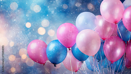 Beautiful panoramic background with pink and blue balloons