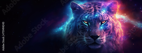 Tiger on cosmic background with space, stars, nebulae, vibrant colors, flames; digital art in fantasy style, featuring astronomy elements, celestial themes, interstellar ambiance