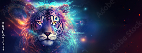 Tiger on cosmic background with space  stars  nebulae  vibrant colors  flames  digital art in fantasy style  featuring astronomy elements  celestial themes  interstellar ambiance