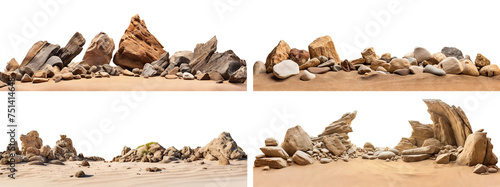 Set of varied rock formations arranged on smooth sand surface, cut out