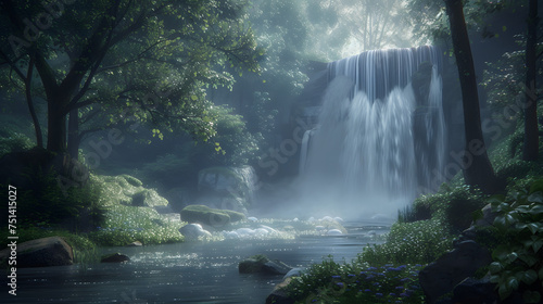 Twilight Cascade  Serene Shot Illuminating Waterfall with Soft  Ambient Light
