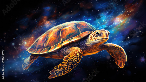Turtle on cosmic background with space, stars, nebulae, vibrant colors, flames; digital art in fantasy style, featuring astronomy elements, celestial themes, interstellar ambiance photo