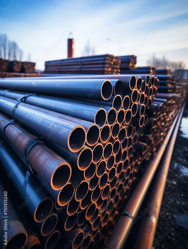 Amidst the hazy contours of industry a stack of steel pipes stands the ...