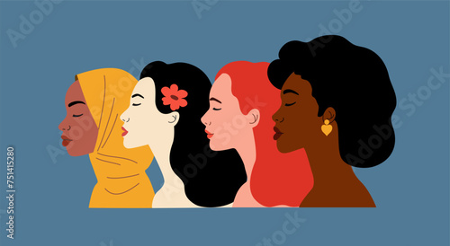 Female diverse faces profile, different ethnicity. Happy International Women's day card. Vector flat style cartoon illustration