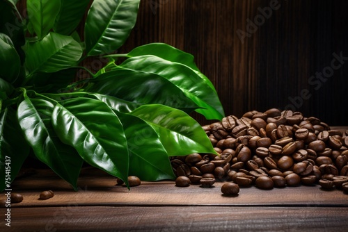 a pile of coffee beans and a plant