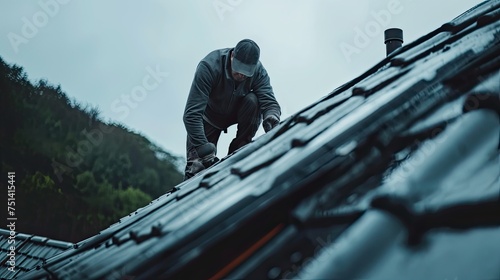 a strong man roofer as he diligently fixes the roof, against a vibrant and warm background of him atop a house, showcasing his skill and dedication to his craft.