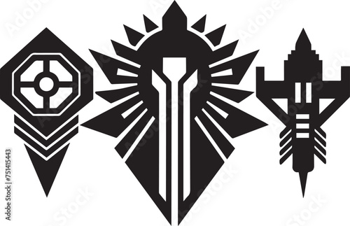Set Greyscale cyberpunk video game symbol. Hand drawn vector illustration
