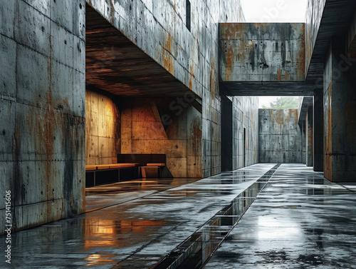 Contemporary architecture with weathered concrete walls and warm lighting. Urban design. Generative AI