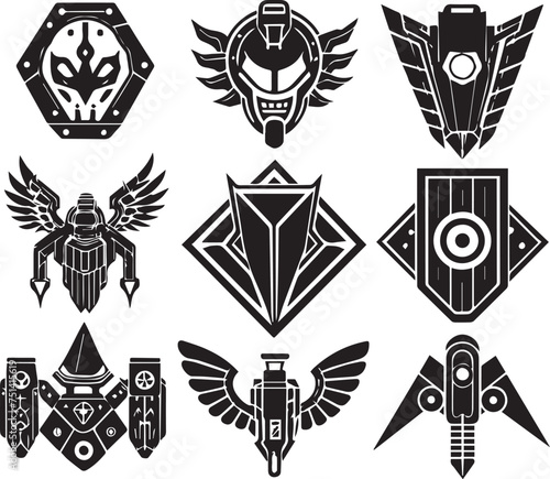 Set Greyscale cyberpunk video game symbol. Hand drawn vector illustration photo