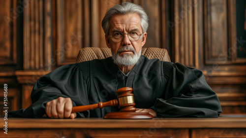 A serious-looking person in a judge's robe sits in a courtroom, holding a gavel, symbolizing law and order. Ai generative