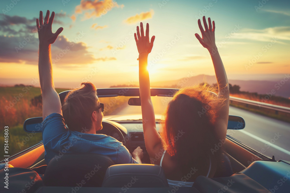 Fototapeta premium Back view of a happy young couple driving a car and travelling at sunset