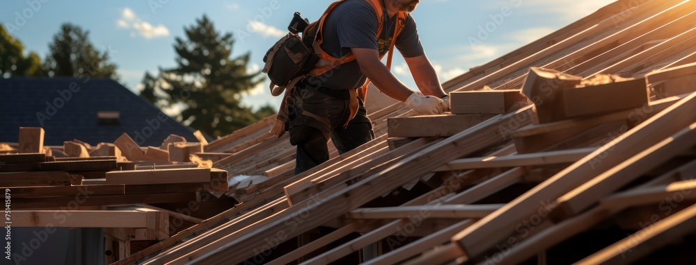 Naklejka premium The Art and Science Behind a Construction Team's Wooden Roof Installation