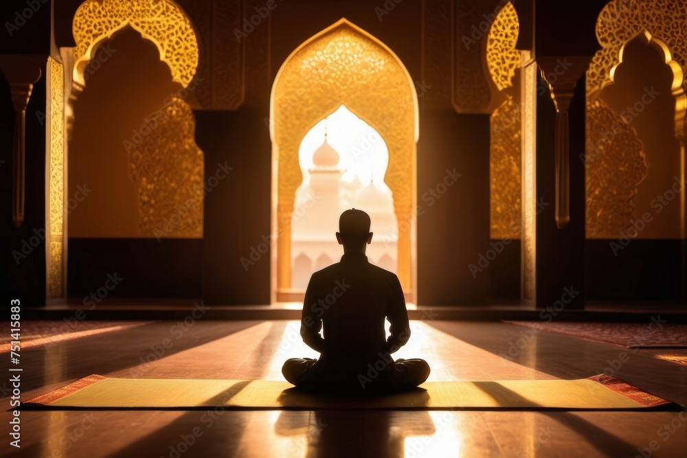 Silhouette of Indonesian Muslim man praying in the mosque Silhouette of Indonesian Muslim man praying in the mosque