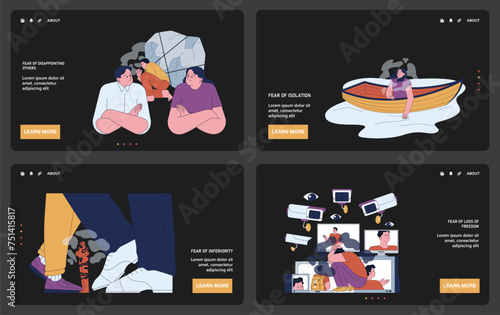 Human fears web or landing dark or night mode set. Scared characters