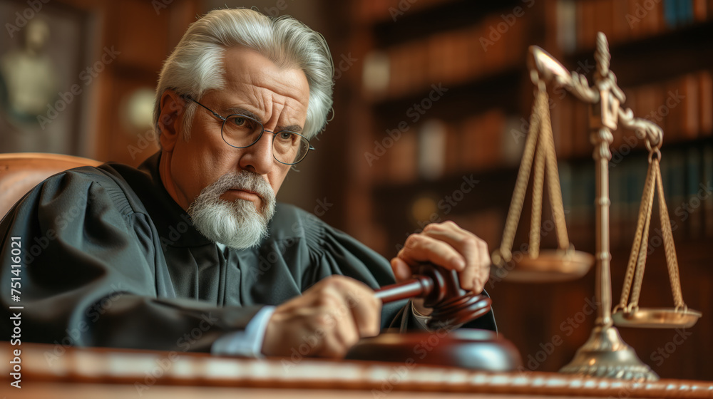 A person in a judge's robe holding a gavel in a court setting, with a scale of justice in the background, embodying the concept of law and order.  Ai generative