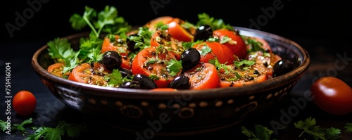 a close up of a bowl of food with tomatoes and black olives on a black surface with a sprig of parsley.