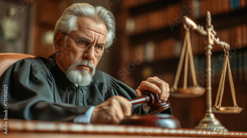 A person in a judge's robe holding a gavel in a court setting, with a scale of justice in the background, embodying the concept of law and order. Ai generative