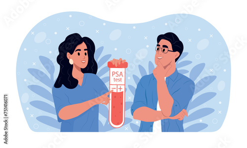 Doctor holding a test blood sample tube for analysis of PSA Prostate Specific Antigen. Blood tube test with requisition form for PSA Prostate Specific Antigen test.