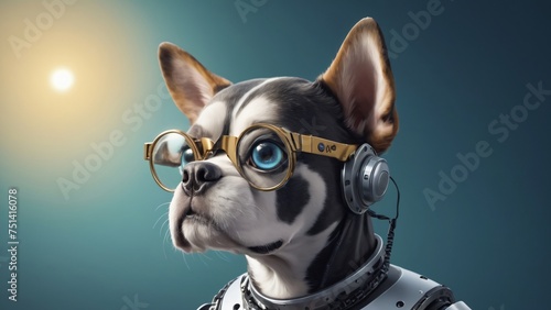 dog wearing glasses and mechanical gears