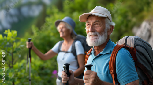 Two elderly people hiking in nature, looking active and healthy. Ai generative